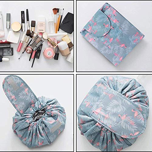 ERHETUS Stylish Portable Lazy 20 Cms Cosmetic Bag with Drawstrings | Convenient & Waterproof Makeup Pouch for Girls | Large Capacity Storage Pouches | Toiletry Bags for Women (Grey Flamingo)