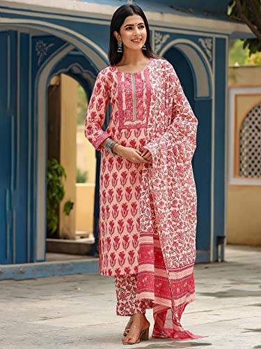 Vaamsi Women's Cotton Blend Floral Printed Straight Kurta Pant With Dupatta (VKSKD1154_Pink_M)