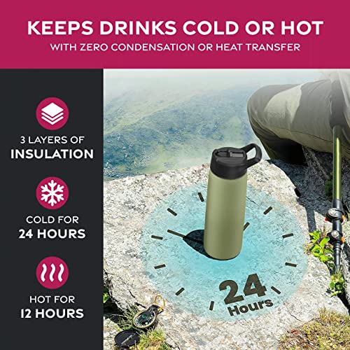 FineDine Triple Insulated Stainless Steel Water Bottle with Straw Lid - Flip Top Lid - Wide Mouth Cap Insulated Water Bottles, Keeps Hot and Cold 750ml Army Green