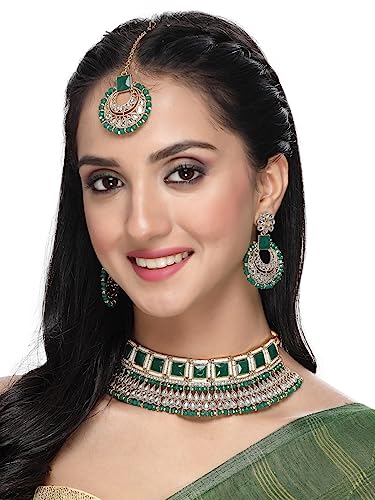 Sukkhi Classical Traditional Gold Plated Green Kundan & Beads Choker Necklace Set With Earring And Maangtika | Jewellery Set For Women (NS105552)