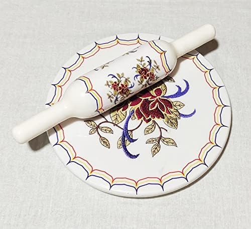 Marble Roti Maker with Wooden Belan Enamel Print/White Marble Chakla 10 Inch Diameter with Belan (Printed Enamel Chakla Belan) (RED ROSE)