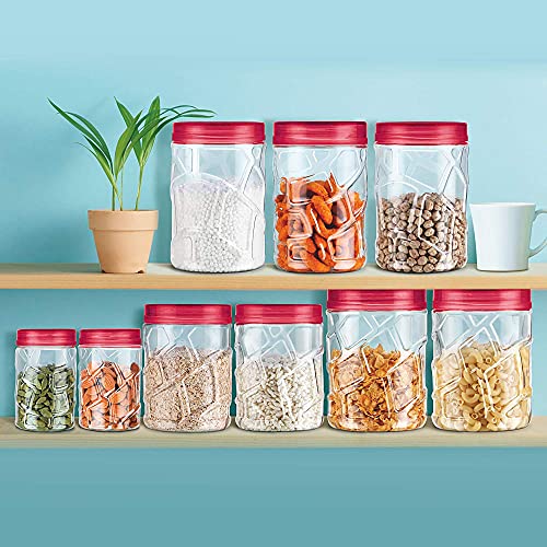 MILTON Vitro Plastic Pet Storage Jar and Container, Set of 24 (6 pcs x 270 ml Each, 6 pcs x 665 ml Each, 6 pcs x 1.24 Ltrs Each, 6 pcs x 1.85 Ltrs Each), Red Wine | Food Grade | Air Tight | BPA Free