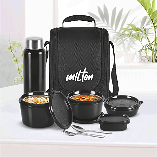 Milton Pro Lunch Tiffin (3 Microwave Safe Inner Steel Containers, 180/320/450 ml; 1 Plastic Chutney Dabba,100 ml; 1 Aqua Steel Bottle, 750 ml, Steel Spoon and Fork) With Insulated Fabric Jacket, Black