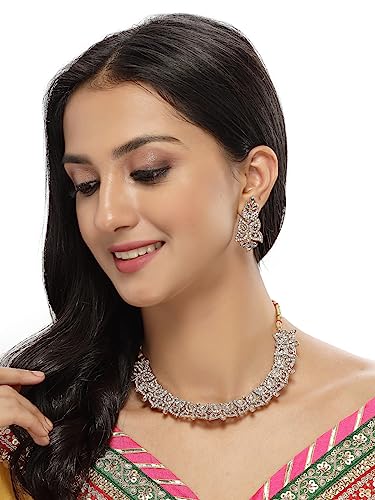 Sukkhi Fierce Gold Plated AD White Stone Collar Bone Necklace Set And Earring | Jewellery Set For Women (NS105708)
