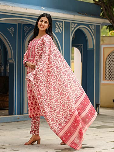 Vaamsi Women's Cotton Blend Floral Printed Straight Kurta Pant With Dupatta (VKSKD1154_Pink_M)