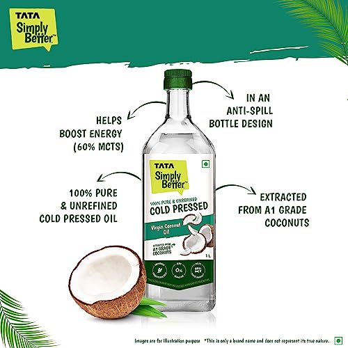 Tata Simply Better Pure and Unrefined Cold Pressed Virgin Coconut Oil, Naturally Cholesterol Free, Coconut Oil with Rich Aroma & Flavour of Real Coconuts, Can Be Used in Daily Cooking, Multipurpose Usage, A1 Grade Coconuts, Purity in Every Drop, 1L