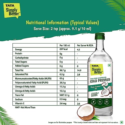 Tata Simply Better Pure and Unrefined Cold Pressed Virgin Coconut Oil, Naturally Cholesterol Free, Coconut Oil with Rich Aroma & Flavour of Real Coconuts, Can Be Used in Daily Cooking, Multipurpose Usage, A1 Grade Coconuts, Purity in Every Drop, 1L