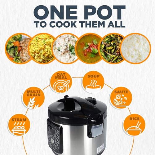 SOLARA MultiPurpose Electric Rice Cooker - Cool Touch MultiPurpose Cooker and Food Steamer, Digital Rice Cooker, 4 Cups (8 Cups Cooked) with Steam & Rinse Basket, 500 Watts, Stainless Steel, Silver