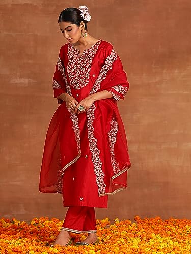 INDO ERA Women's Red Embroidered Straight Kurta Palazzo with Dupatta Set (IEOUT4697_XX-Large)