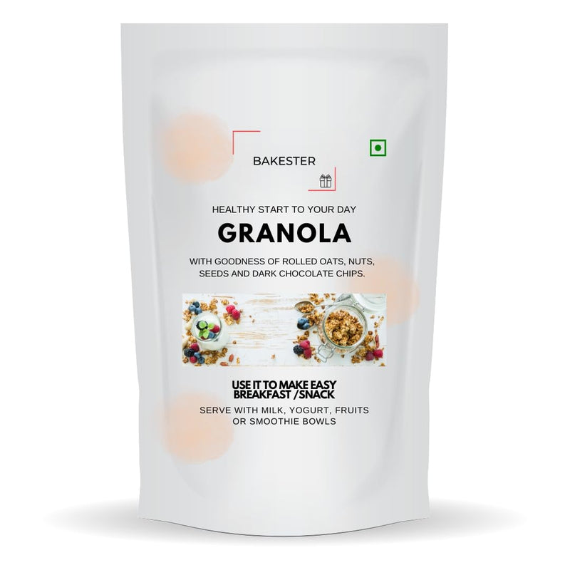 BAKESTER - Granola with Goodness of Baked Rolled Oats, Almonds, Cashews, Sunflower, Seeds, Pumpkin Seeds, Chia Seeds and Dark Chocolate Chips. Use as Breakfast Cereal, Top it in Yogurts, Curds, Milk, Ice Creams or Smoothie Bowls or Just as a snack