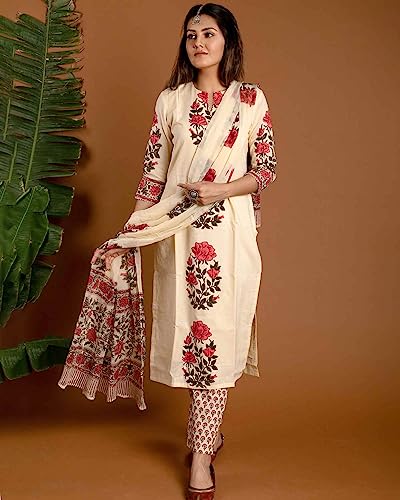 GoSriKi Women's Rayon Blend Straight Printed Kurta with Pant & Dupatta (Actual-Cream-GS_L_Cream_Large)