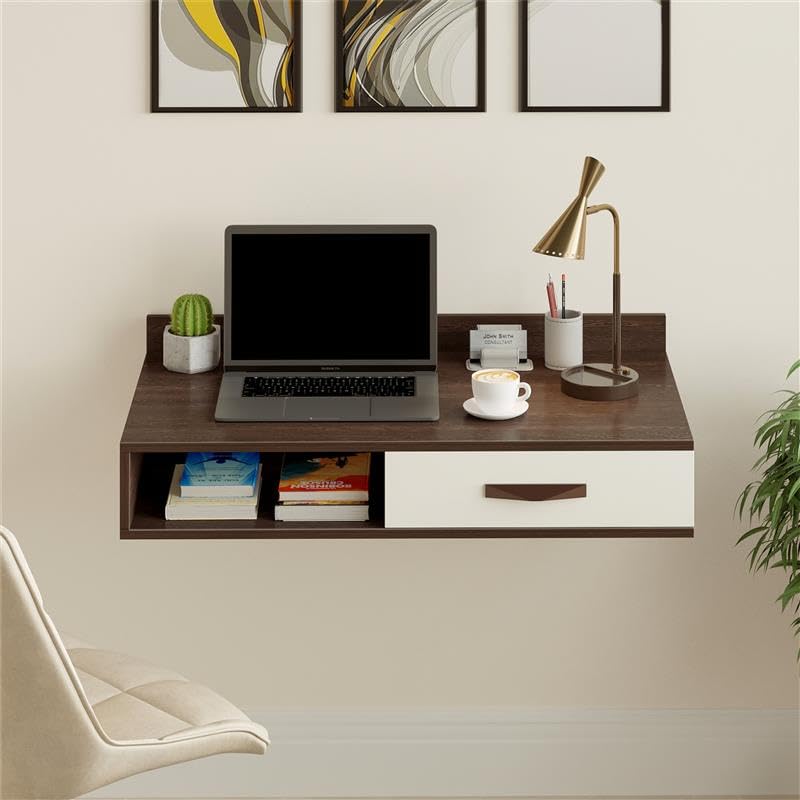 BLUEWUD Reynold Engineered Wall Mount Wood Study and Computer Laptop Table for Home or Office, WFH Desk, with Drawer Shelves Storage for Books and Décor Display (Wenge & White)