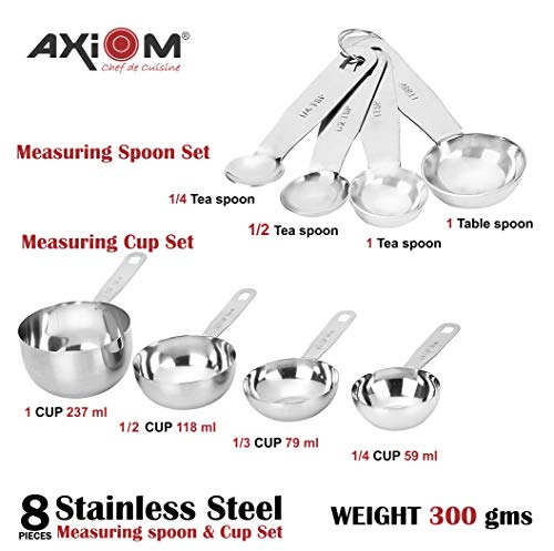 AXIOM Measuring Set of 8 pcs Stainless_Steel Professional Quality for Baking, Cooking, 4 Stackable Measuring Cups and 4 Stackable Measuring Spoons with Measurement Engraving Handle