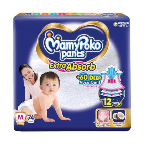 MamyPoko Pants Extra Absorb Baby Diapers, Medium (M), 74 Count, 7-12kg