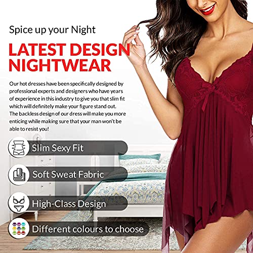 KITTYBEES Nightwear for Girls-Babydoll Dress for Women, Honeymoon Lingerie, Lace Sleepwear (M, Maroon)