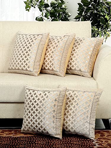 DECOMIZER Jacquard Geomteric Cushion Covers 16 inch x 16 inch Set of 5 Ethnic Motifs Cushion Covers,Design- Star,Color- Beige