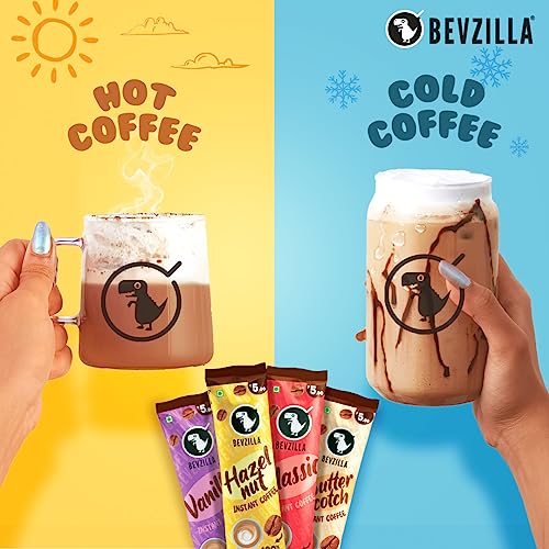 Bevzilla 48 Instant Coffee Powder Sachets (48 X2 Gram Sachets)| Turkish Hazelnut, Colombian Gold, French Vanilla & English Butterscotch | 12 Sachets Each Flavour| Hot & Cold Coffee| Makes 48 Cups| 100 % Arabica Coffee| Strong Coffee| Best Coffee| Espresso