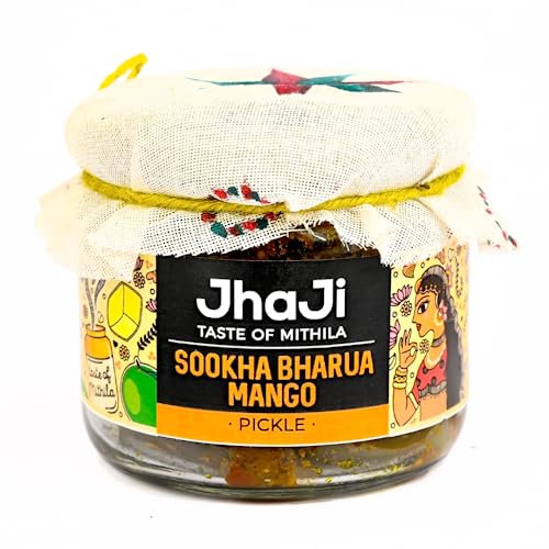 Jhaji Store's Dry Stuffed Mango Pickle | Bihari-Style Aam Ka Sukha Bharua Achar | Little Oil & More Salt | Tangy, Spicy, Sour, and Salty | Dark Brown Mango Pickle | Long Sized Mango Pieces | Bihari-Style Homemade Pickle, 250g