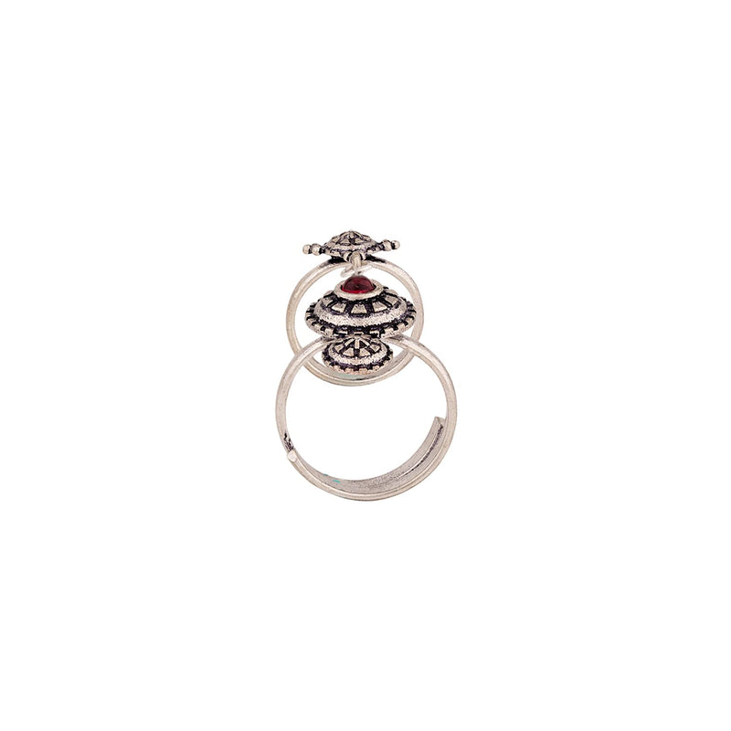 Voylla Brass Silver Oxidised Adjustable Two Finger Ring with Red Stone for Women and Girls