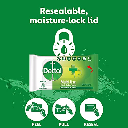 Dettol Disinfectant Skin & Surface Wipes, Original – 10 Count & Dettol Original Germ Protection Alcohol Based Hand Sanitizer, 50ml COMBO