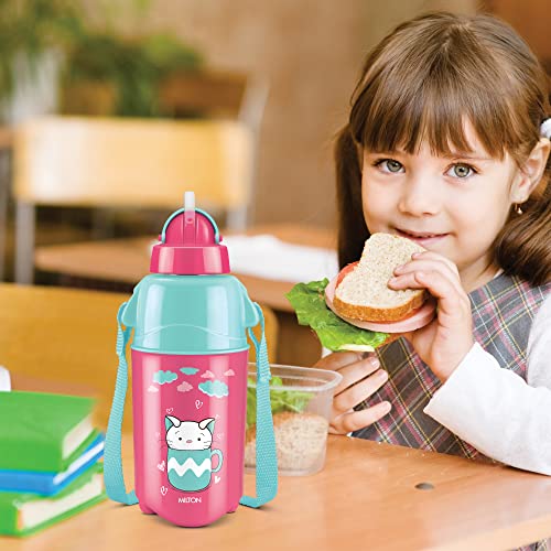 Milton Kool Trendy 400 Plastic Insulated Water Bottle with Straw for Kids, 370 ml, Cherry Pink | School Bottle | Picnic Bottle | Sipper Bottle | Leak Proof | BPA Free | Food Grade | Easy to Carry
