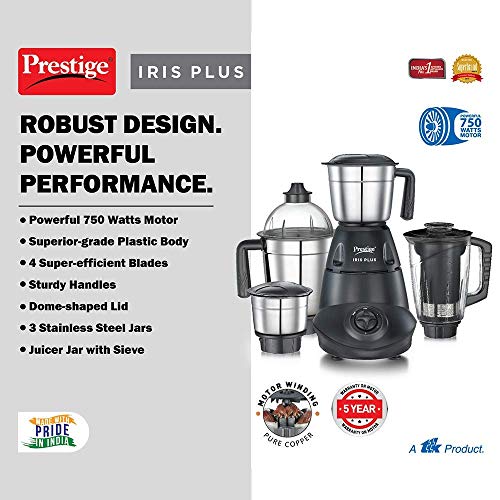 Prestige IRIS Plus 750 W Mixer grinder with 4 Jars (3 stainless steel Jars+ 1 Juicer Jar)| 4 Super efficient stainless blades | 2 years warranty| Black