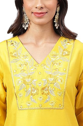 Janasya Women's Yellow Poly Silk Yoke Embroidered Straight Kurta(JNE4163-KR-M)