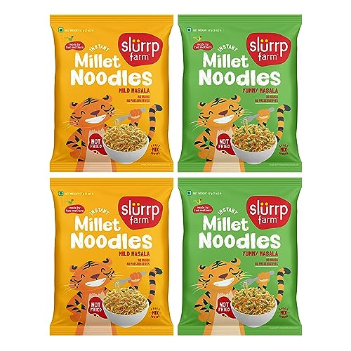 Slurrp Farm No Maida Instant Millet Noodles Combo, Not Fried, No MSG, Mild Masala & Yummy Masala, 4 X 57 g