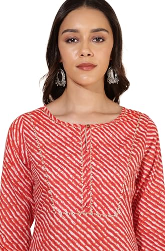 Janasya Women's Red Cotton Striped Straight Kurta(JNE4241-KR-XL)