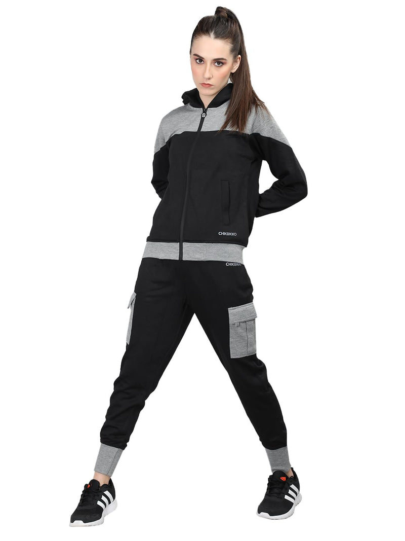 CHKOKKO Women Winter Sports Zipper Hooded Stylish Jacket Light Grey Black XL