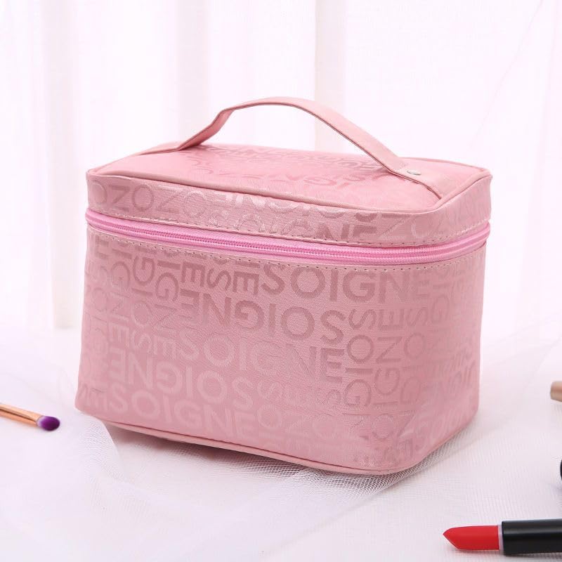 Wolpin Pink Makeup Organizer Pouch Professional Large Cosmetic Kit Storage Travel Toiletry Vanity Bag with Big Compartment, Makeup Brush Holder (22 x 16 x 15 cm)