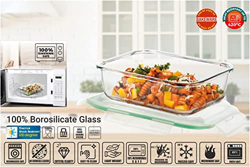 SignoraWare Lock 'N' Store Rectangle High Microwave Oven Borosilicate Safe Glass Container with Air Tight Lid | Multipurpose Jar Box (640ml, Transparent, Food Grade)