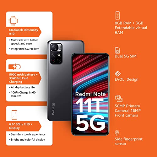 Redmi Note 11T 5G (Matte Black, 6GB RAM, 128GB ROM)| Dimensity 810 5G | 33W Pro Fast Charging | Charger Included | Additional Exchange Offers