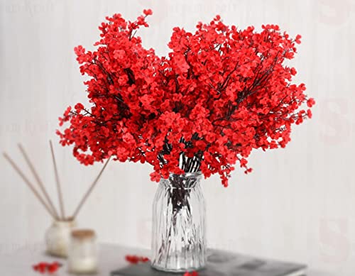 SATYAM KRAFT 5 Pcs Artificial Baby's Breath Gypsophila Flower Sticks Fake Bunch Decorative Items for Home;Office; Room; Living Room; Table; Diwali Decoration (Without Vase) (Red)(Fabric)