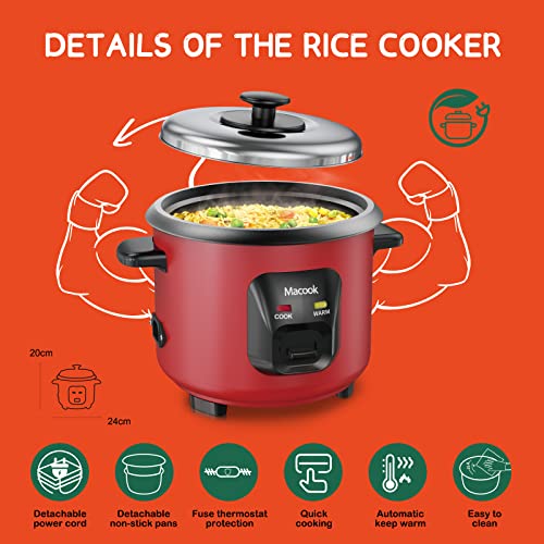 Macook Mini Rice Cooker 0.6 Liters, with Powerful Heating Element, Keep Rice Warm for 5 Hrs, Auto Cut-Off, Aluminum Nonstick Cooking Pans, Red Travel Small Electric Rice Cooker, 2 Yrs Warranty