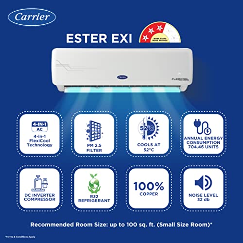 Carrier 1 Ton 3 Star AI Flexicool Inverter Split AC (Copper, Convertible 4-in-1 Cooling,Dual Filtration with HD & PM 2.5 Filter, Auto Cleanser, 2023 Model,ESTER Exi - CAI12ER3R33F0,White)