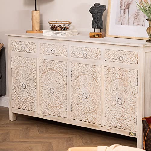 JAE Furniture Wooden Carved Sideboard for Living Room | Cabinets and Sideboards | Sideboard Storage Cabinet | Crockery Cabinet Furniture | Solid Mango Wood. White Distress