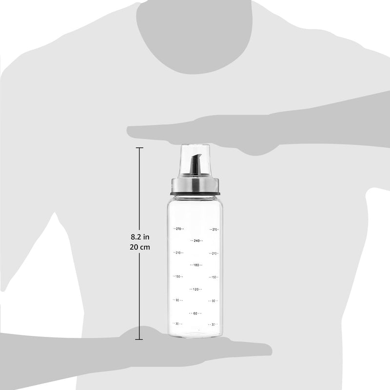 Amazon Brand - Solimo Oil Pourer with Leak-proof and Spill-proof Plastic Closure, and Measurements; Microwave-safe, Freezer-safe, and Dishwasher-safe, Borosilicate Glass, 300 ml