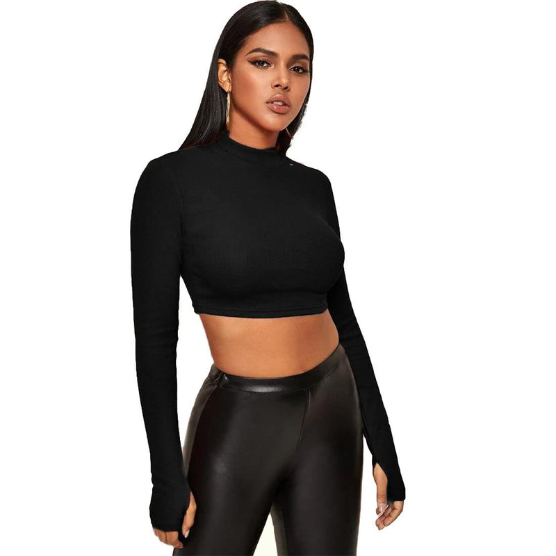 GLARE & BLAIR Women Regular Fit Stylish Mock Neck Ribbed Full Sleeve Crop Top with Thumb Hole (Medium, Black)