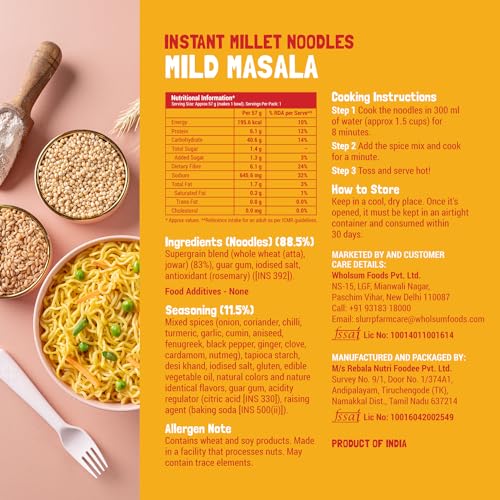 Slurrp Farm No Maida Instant Millet Noodles Combo, Not Fried, No MSG, Mild Masala & Yummy Masala, 4 X 57 g