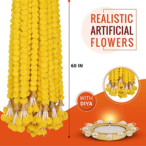 HOME BUY Artificial genda phool for Decoration Flowers for Decoration Garland with Bell for Diwali & Festivals | 5 Feet Long 10 Pcs with 2 Diya (Orange+ Yellow) (Bell Y+O)