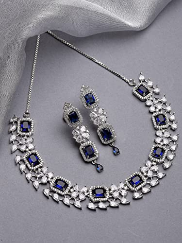 ZENEME Rhodium-Plated with Silver-Toned Blue and White American Diamond Studded Necklace and Earrings Jewellery Set (Blue) For Women