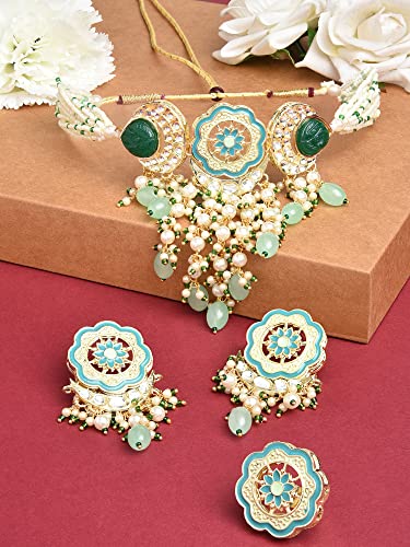 ZAVERI PEARLS Turquoise Blue & Green Meenakari Cascading Waterfall Beads Necklace Earring & Ring Set For Women-ZPFK14607