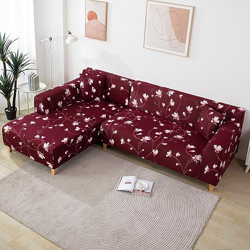 HOKIPO Sofa Cover L Shape, Wine Red Flowers (AR-4095-D11)