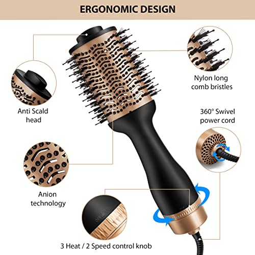 AGARO HV2179 1200 Watts Professional Volumizer Hair Dryer, 24K Gold Styling Surface, Activated Charcoal Bristles, Ceramic Tourmaline Coating Brush Head, One Step Styler, Hot Air Blow Brush for Women