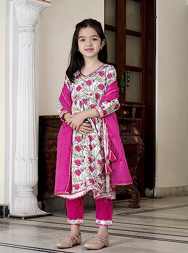 CHANDRAWAT Girls Rayon Kurta Pant Set With Dupatta (5-6 yrs, PINK)