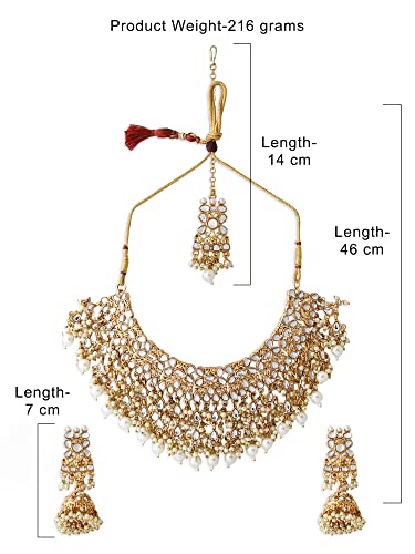 ZAVERI PEARLS Gold Tone Kundan Choker Necklace Earring Maangtikka & Ring Set For Women-ZPFK10799