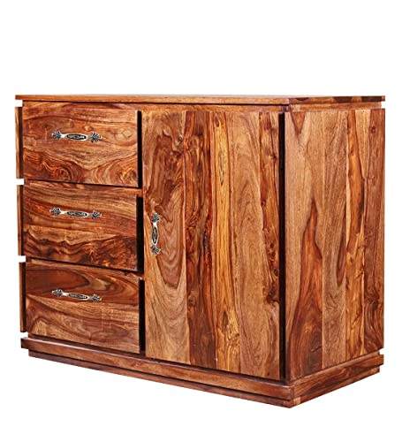 Royal Wood Solid Sheesham Wood Sideboard TV Cabinet for Living Room | Side Board Table with 3 Drawer Cabinet Storage Furniture for Home - Natural Brown Finish