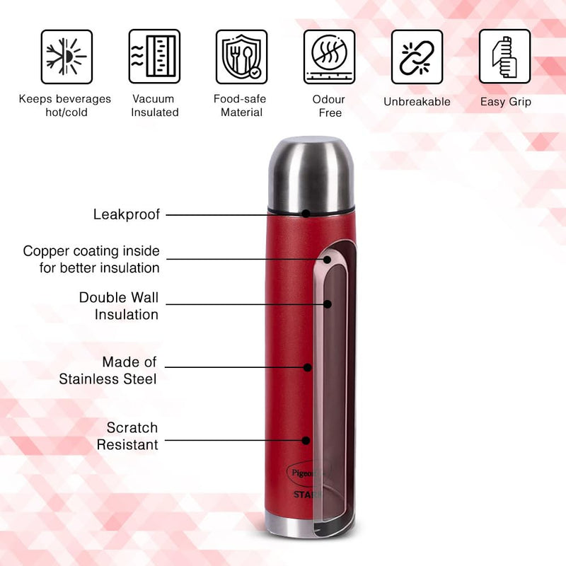 Pigeon by Stovekraft Therminox Stark Plus Vacuum Insulated Flask 1000ml Red + INOX Hydra Red Single Walled Fridge Bottle 900ml Bottle Combo, (Red)|Leak Proof|Kitchen|Travel|Office|Gym|Home|Hiking