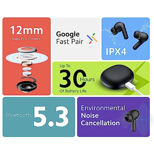 Redmi Buds 4 Active - Bass Black, 12mm Drivers(Premium Sound Quality), Up to 30 Hours Battery Life, Google Fast Pair, IPX4, Bluetooth 5.3, ENC, Up to 60ms Low Latency Mode, App Support